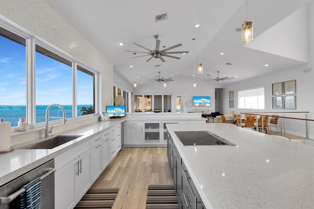 kitchen featuring white cabinetry, a water view, light stone counters, black electric stovetop, and stainless steel dishwasher