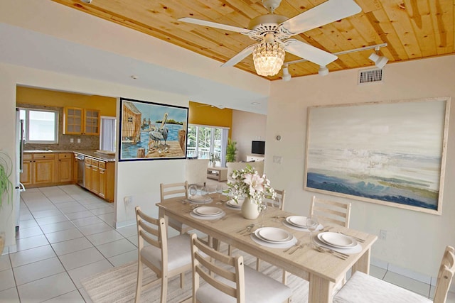 tiled dining space with wood ceiling and ceiling fan