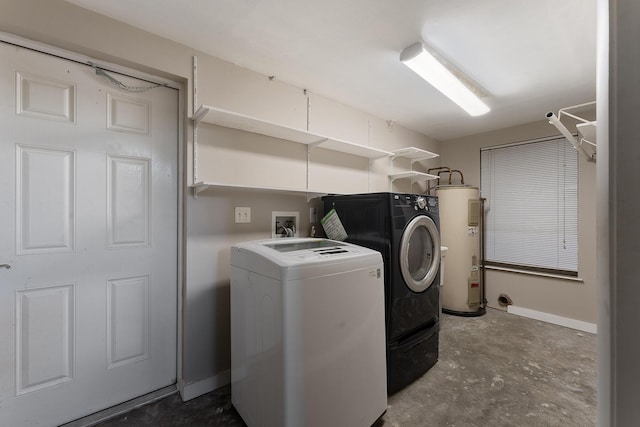 washroom with washer and clothes dryer and water heater