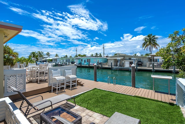 view of dock featuring a water view and a yard