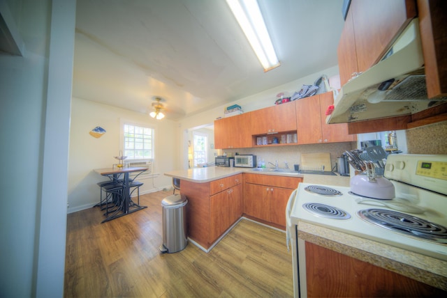 kitchen featuring sink, kitchen peninsula, electric stove, light hardwood / wood-style floors, and decorative backsplash