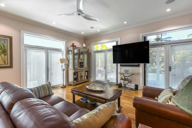 810 Terry Ln, Key West, FL 33040 - living room with ceiling fan, recessed lighting, light wood finished floors, and crown molding