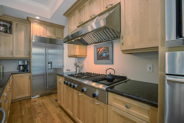 810 Terry Ln, Key West, FL 33040 - kitchen with appliances with stainless steel finishes, under cabinet range hood, ornamental molding, wood finished floors, and dark stone counters