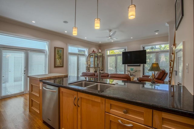 810 Terry Ln, Key West, FL 33040 - kitchen with stainless steel dishwasher, a ceiling fan, brown cabinets, wood finished floors, and decorative light fixtures