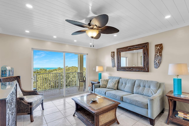 tiled living room with wooden ceiling and ceiling fan