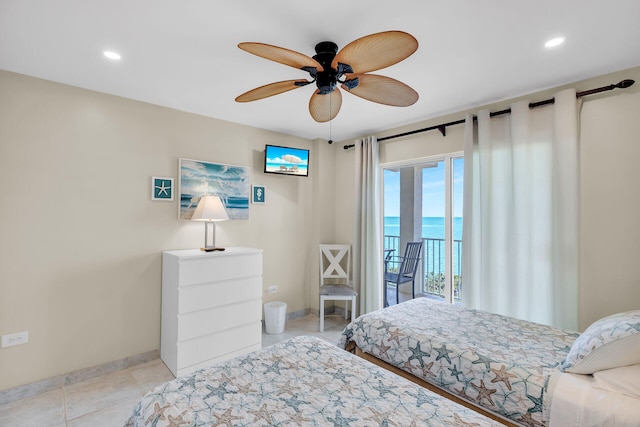 bedroom with ceiling fan, access to exterior, and light tile patterned floors