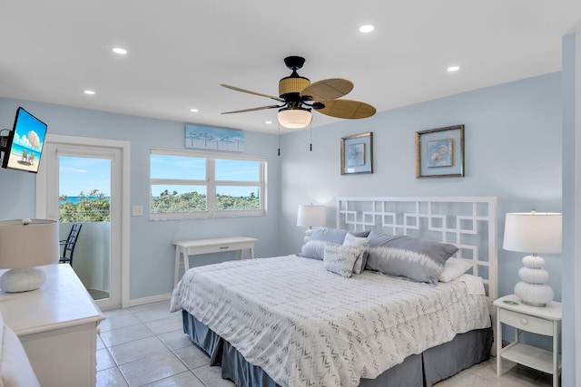 tiled bedroom with access to exterior and ceiling fan