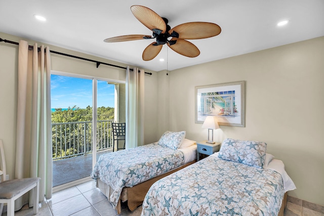 bedroom featuring access to exterior and ceiling fan