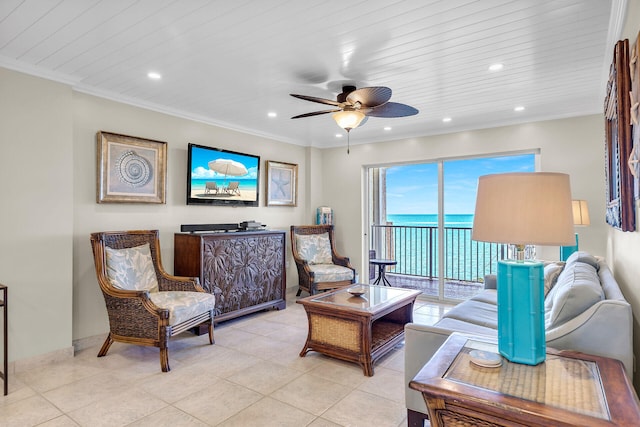 tiled living room featuring ornamental molding, wooden ceiling, and ceiling fan