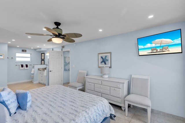 tiled bedroom with ceiling fan