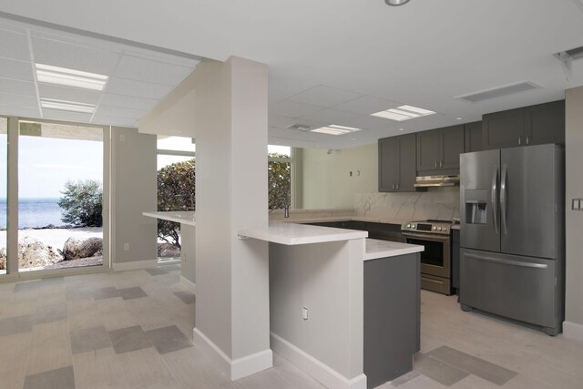 kitchen featuring appliances with stainless steel finishes, backsplash, kitchen peninsula, floor to ceiling windows, and a water view