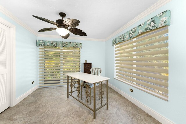 office area with crown molding and ceiling fan