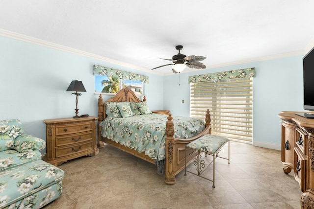 bedroom with crown molding and ceiling fan