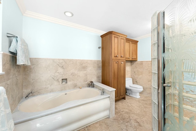 bathroom featuring tile walls, ornamental molding, plus walk in shower, and toilet