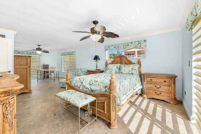 bedroom featuring ceiling fan, ornamental molding, and multiple windows