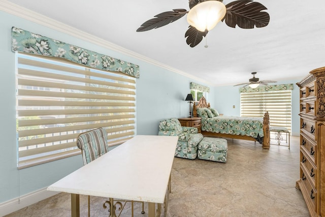 bedroom featuring crown molding and ceiling fan