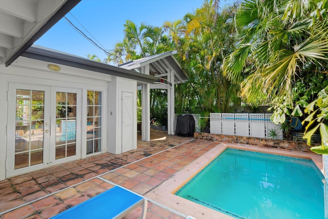 view of swimming pool with a patio area and french doors