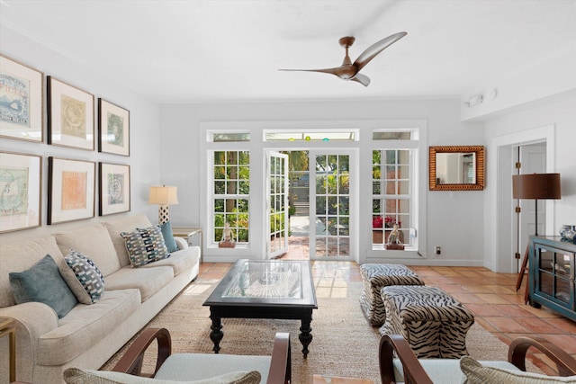 tiled living room featuring ceiling fan