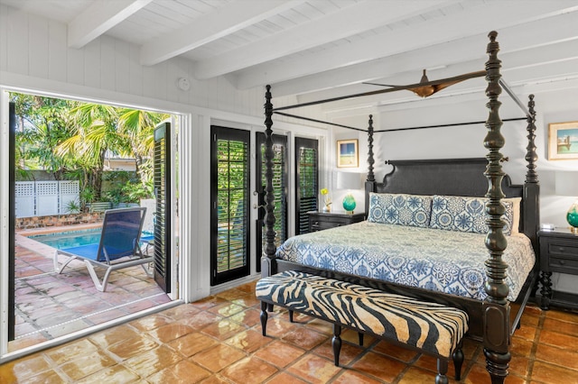 bedroom with tile patterned floors, access to exterior, and beam ceiling