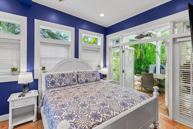 bedroom with access to outside, crown molding, and recessed lighting