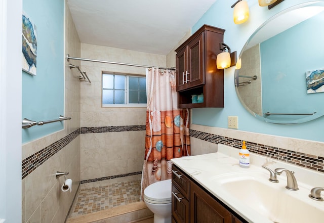 bathroom featuring walk in shower, toilet, and tile walls