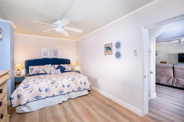 bedroom with crown molding, ceiling fan, and light wood-type flooring