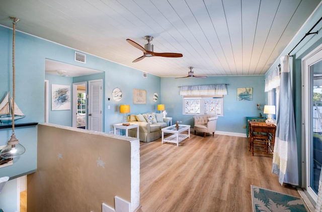 living room featuring wood ceiling and light hardwood / wood-style flooring