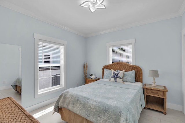 tiled bedroom with ornamental molding