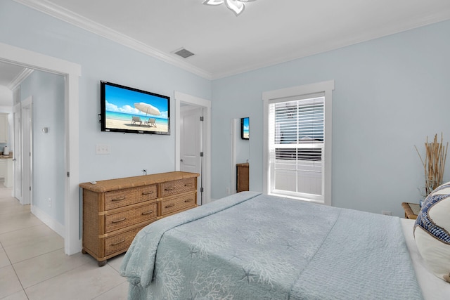 tiled bedroom featuring crown molding