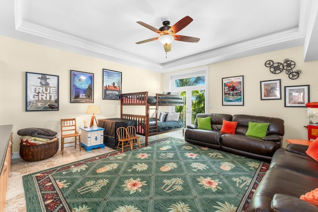 3742 Seagrape St, Big Pine, FL 33043 - living area with a tray ceiling, a ceiling fan, and crown molding