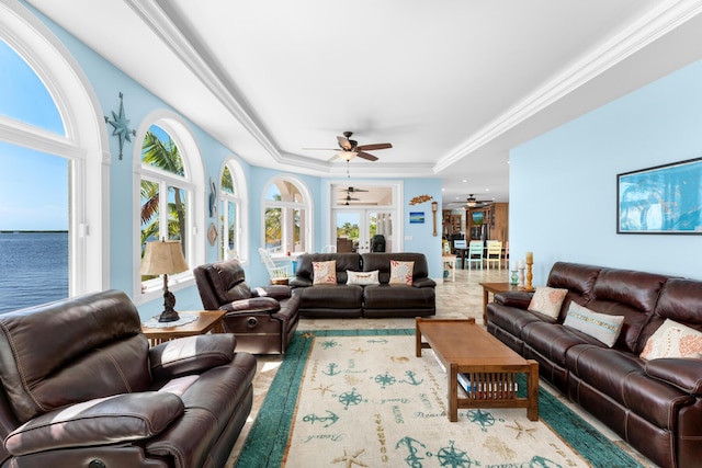 3742 Seagrape St, Big Pine, FL 33043 - living area with a raised ceiling, ceiling fan, ornamental molding, and a water view