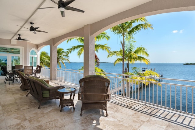 3742 Seagrape St, Big Pine, FL 33043 - view of patio with a water view, a ceiling fan, a balcony, and outdoor dining area