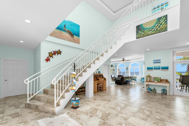 3742 Seagrape St, Big Pine, FL 33043 - stairway with a towering ceiling, recessed lighting, a ceiling fan, and stone finish flooring