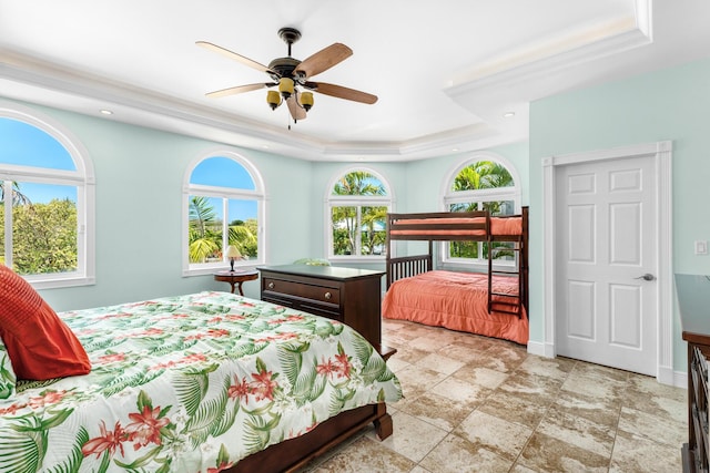 3742 Seagrape St, Big Pine, FL 33043 - bedroom with a raised ceiling, recessed lighting, baseboards, a ceiling fan, and light stone finish flooring