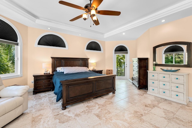 3742 Seagrape St, Big Pine, FL 33043 - bedroom featuring a raised ceiling, access to outside, recessed lighting, baseboards, and ceiling fan