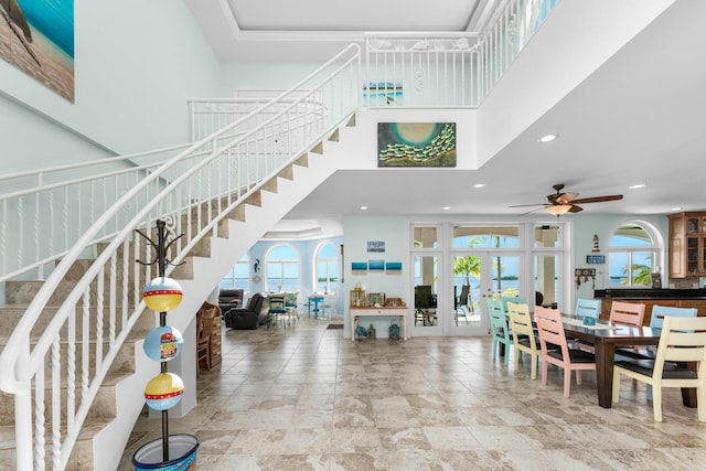 3742 Seagrape St, Big Pine, FL 33043 - dining area with french doors, a towering ceiling, recessed lighting, stairs, and a ceiling fan