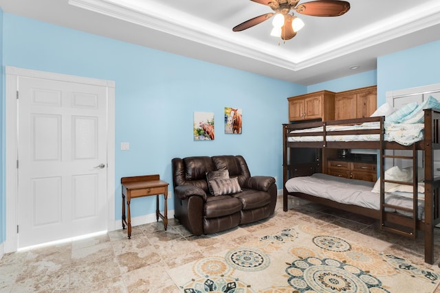 3742 Seagrape St, Big Pine, FL 33043 - bedroom featuring a raised ceiling, baseboards, light stone finish flooring, and ceiling fan