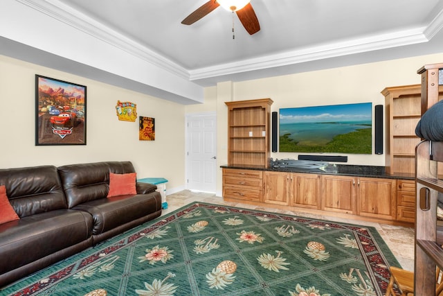 3742 Seagrape St, Big Pine, FL 33043 - living area featuring a ceiling fan, light tile patterned flooring, crown molding, a raised ceiling, and baseboards