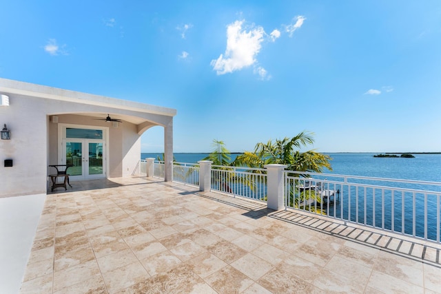 3742 Seagrape St, Big Pine, FL 33043 - view of patio with french doors, a balcony, ceiling fan, and a water view