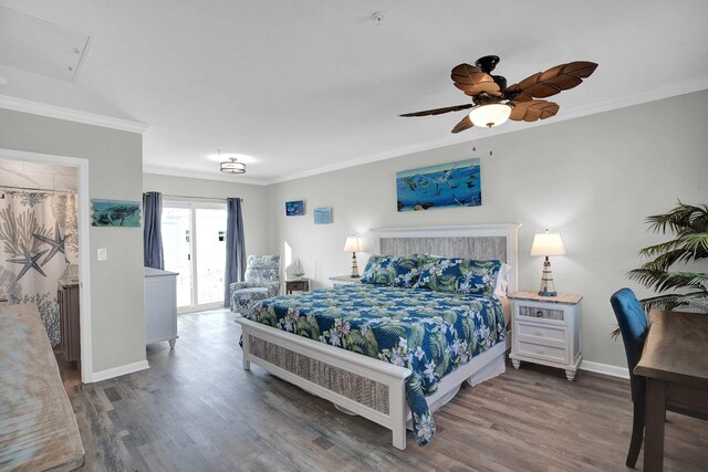 bedroom featuring hardwood / wood-style flooring, ornamental molding, and ceiling fan