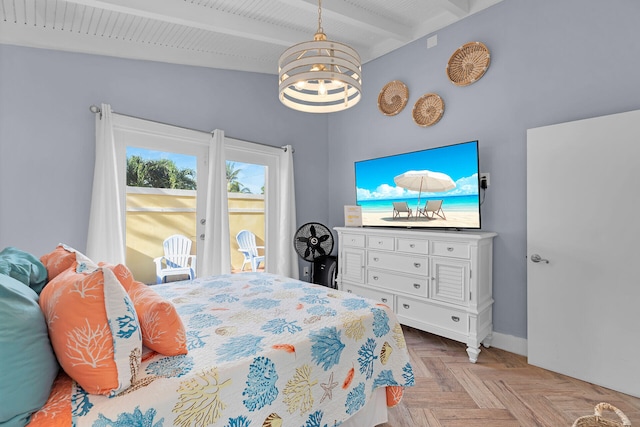 bedroom with access to exterior, a notable chandelier, beamed ceiling, and light parquet floors