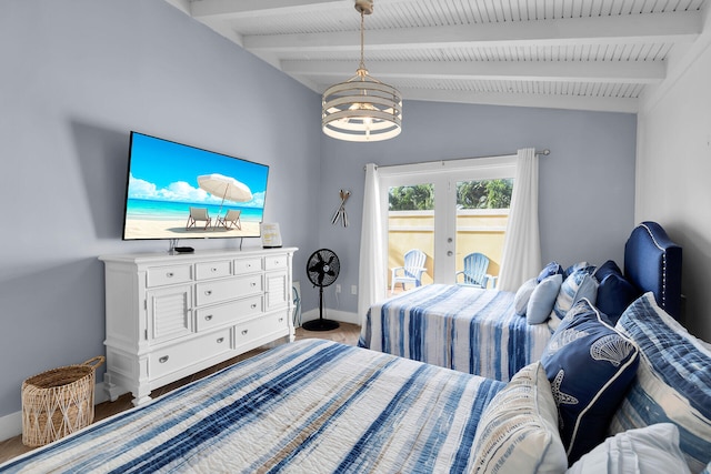 bedroom featuring french doors, access to exterior, a chandelier, and lofted ceiling with beams