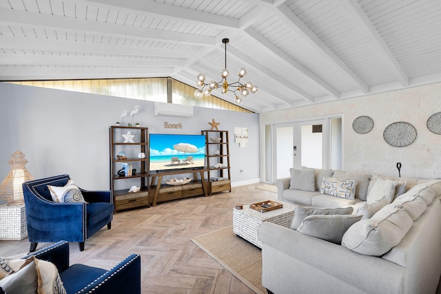 living room with a notable chandelier, lofted ceiling with beams, french doors, an AC wall unit, and light parquet flooring