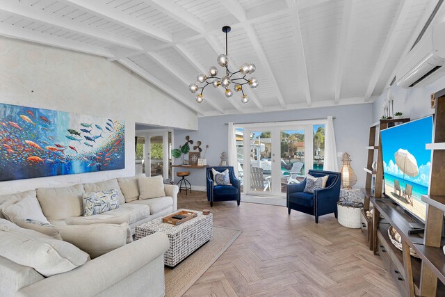 living room featuring french doors, a wall unit AC, a notable chandelier, light parquet flooring, and beam ceiling