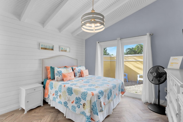 bedroom featuring vaulted ceiling with beams, access to exterior, light parquet floors, and wood walls