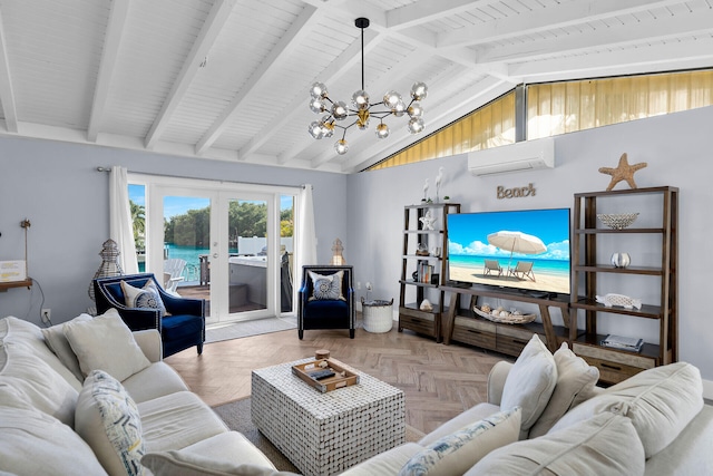 living room with a wall mounted air conditioner, parquet floors, french doors, and vaulted ceiling with beams