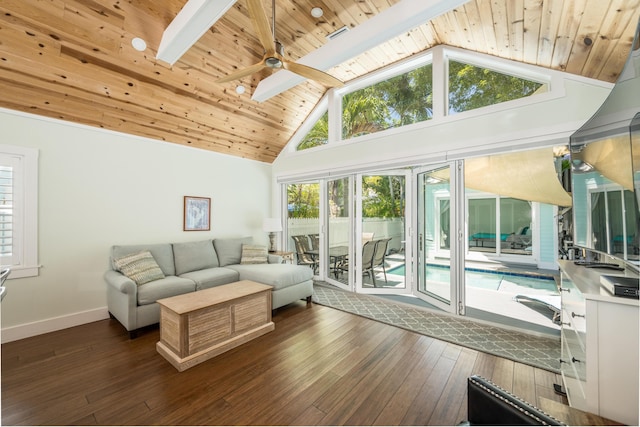 interior space featuring vaulted ceiling with skylight, wooden ceiling, and ceiling fan