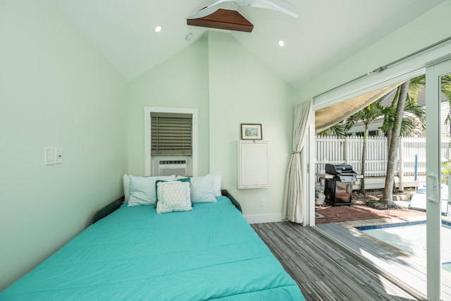 bedroom with cooling unit, high vaulted ceiling, access to exterior, and hardwood / wood-style floors