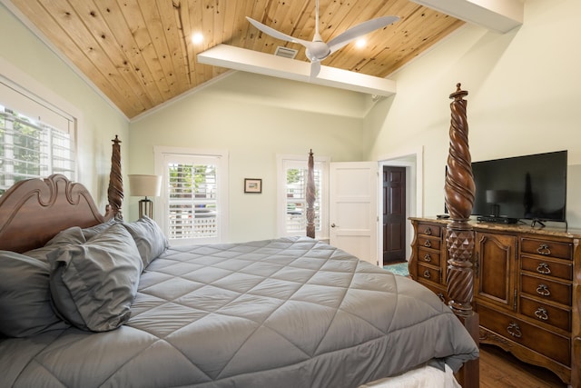 bedroom with light wood-type flooring, lofted ceiling with beams, and wooden ceiling