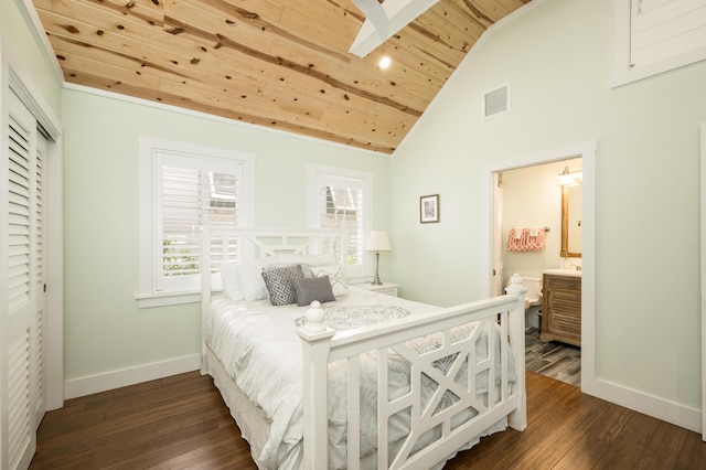 bedroom with dark wood-type flooring, ensuite bath, a skylight, and wooden ceiling